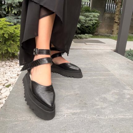 Pantofi piele naturală Motion croco negru